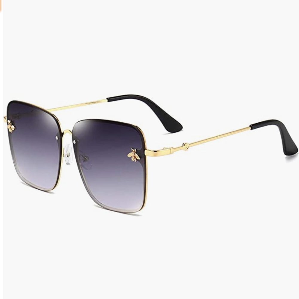 Retro Dark Grey Gold Ombre Oversized Square Rectangle Rimless Sunglasses - Picture 3 of 8